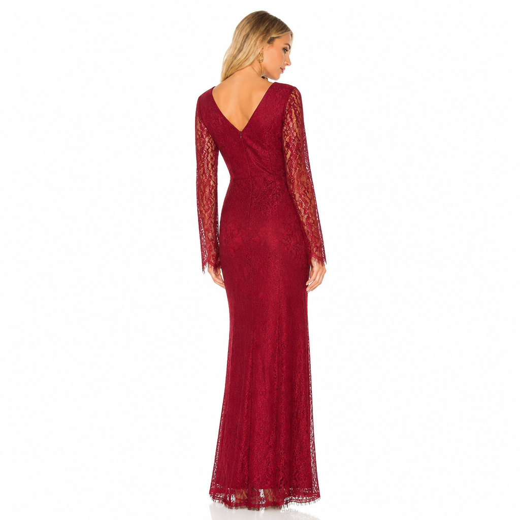 Women's red long-sleeve lace maxi evening dress back view