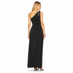 Women's black one-shoulder ruched maxi dress back view