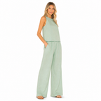 Women's green cotton linen sleeveless blouse and wide-leg trouser set side view
