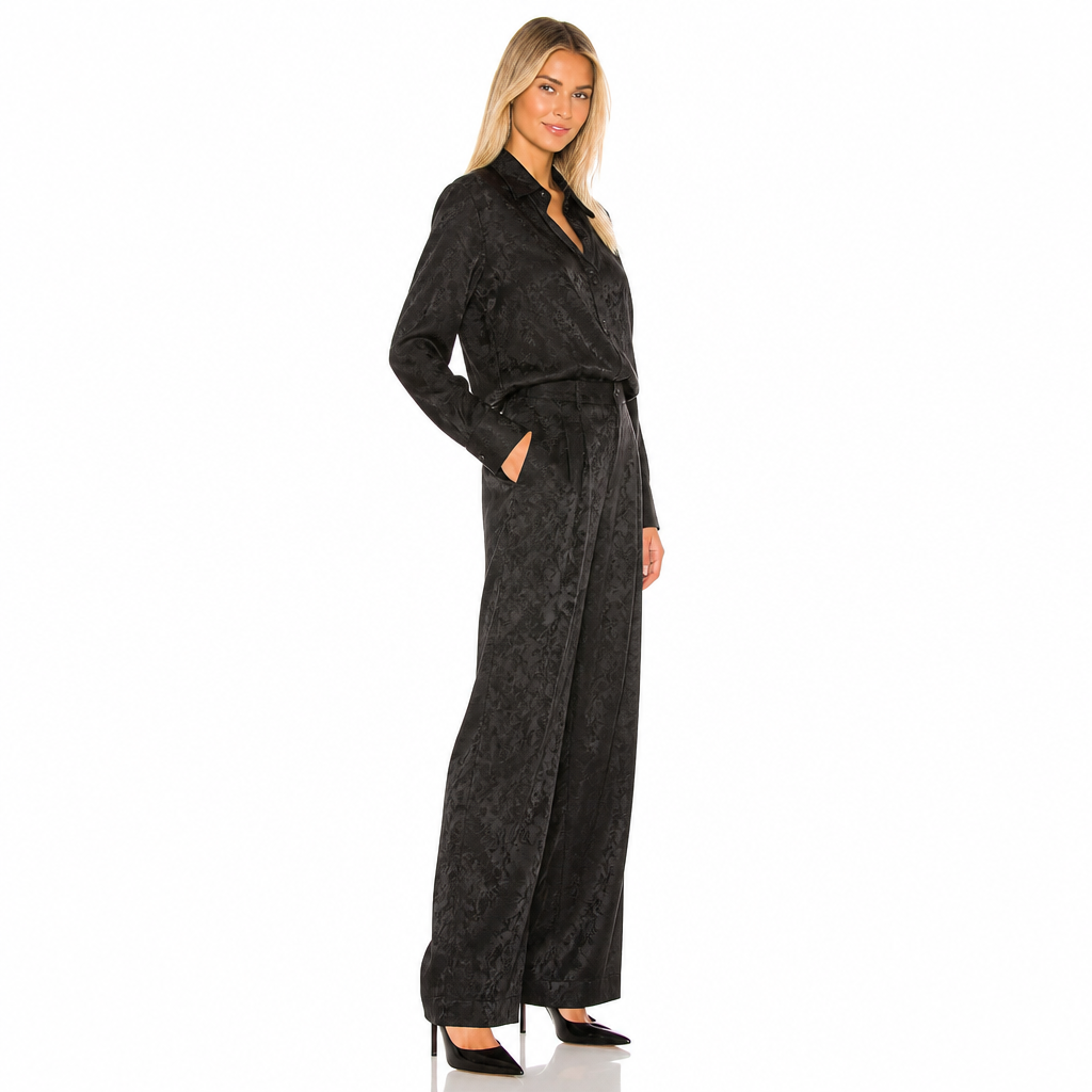 Women's black jacquard print long-sleeve shirt and trouser set side view