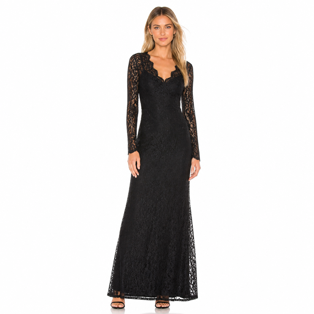 Women's black long-sleeve lace maxi evening dress front view