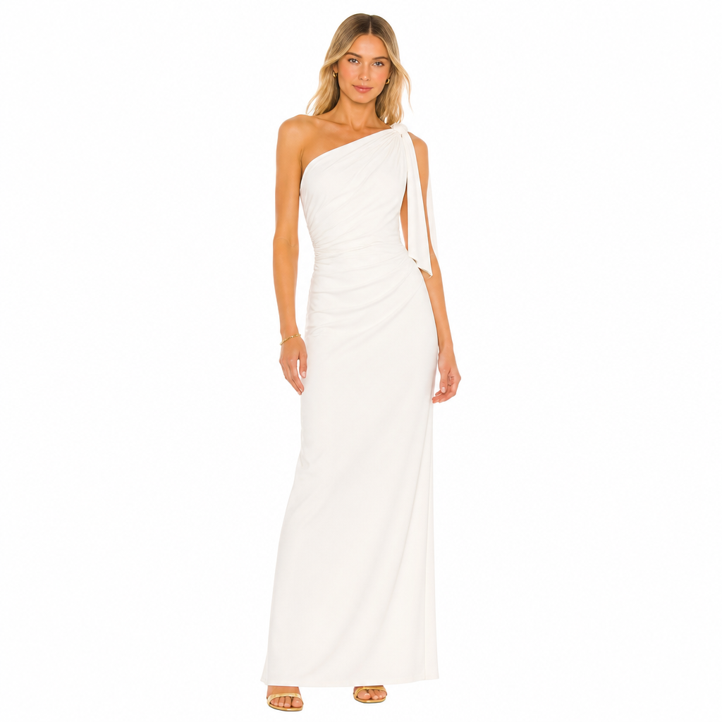 Women's white one-shoulder ruched maxi dress front view