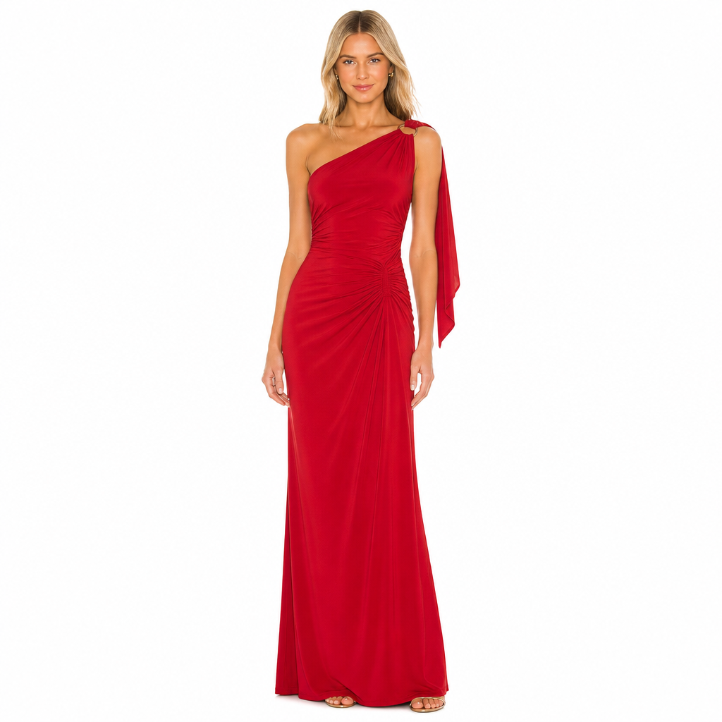 Women's red one-shoulder ruched maxi dress front view