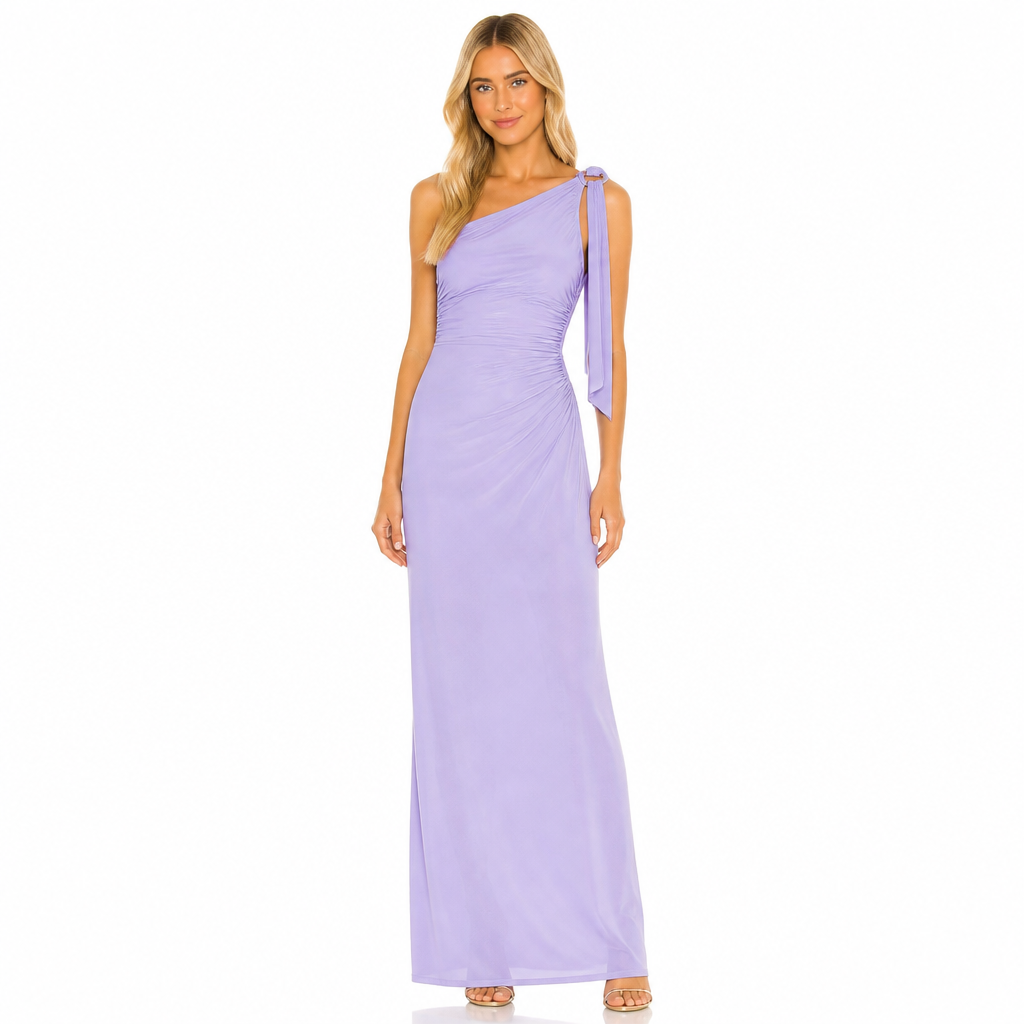Women's light purple one-shoulder ruched maxi dress front view