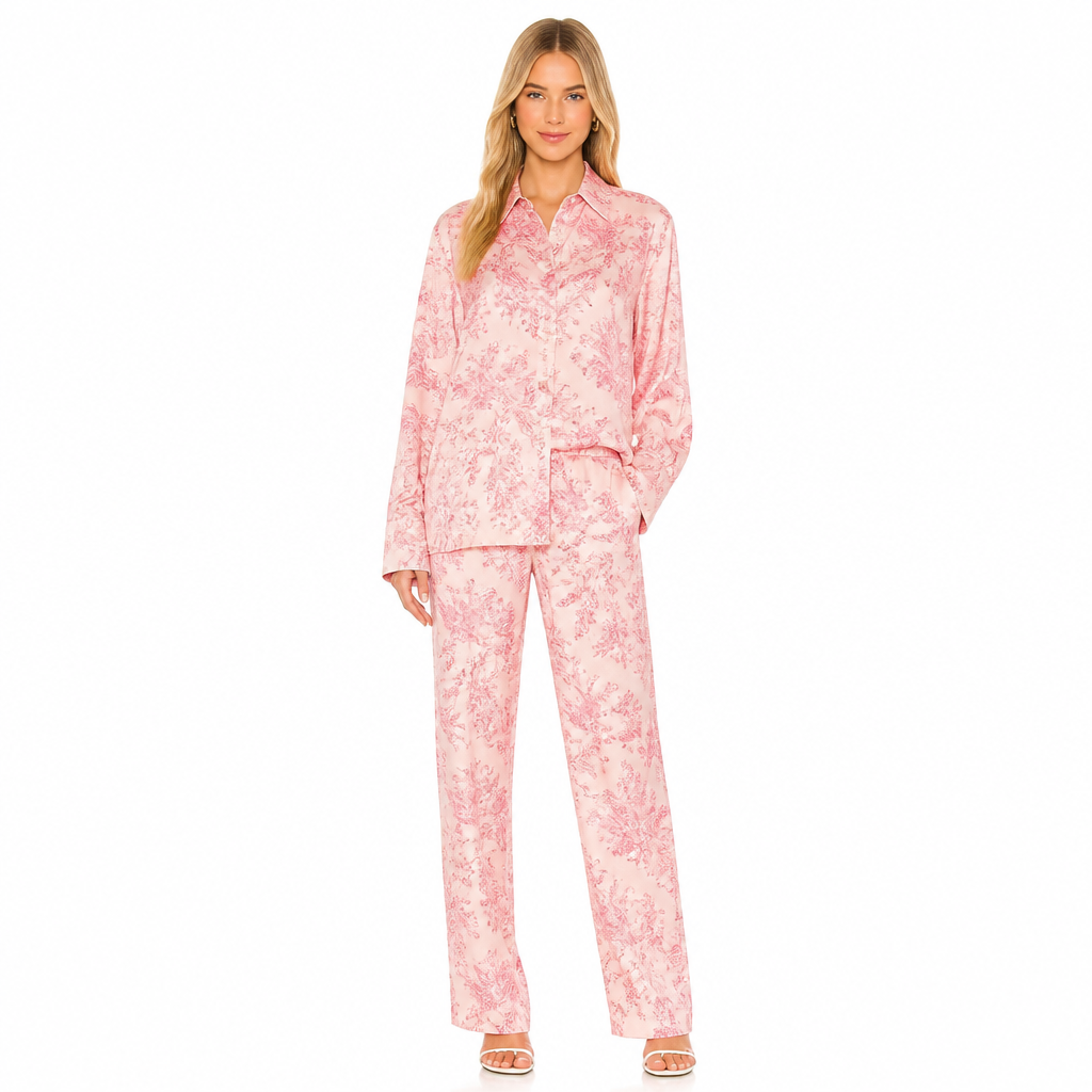 Women's pink jacquard print long-sleeve shirt and trouser set front view