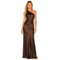 Women's brown satin one-shoulder maxi dress front view