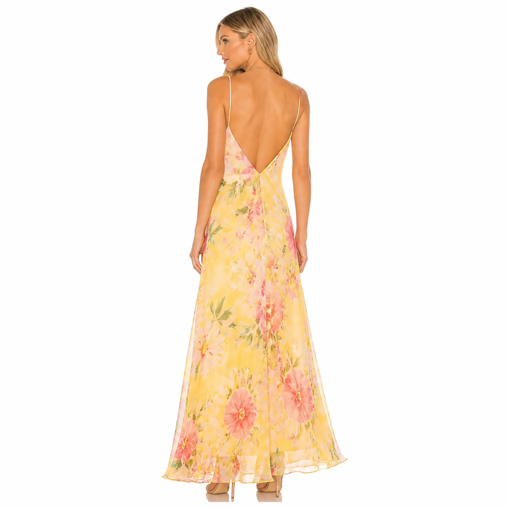 Women's yellow floral plunge V-neck maxi dress back view