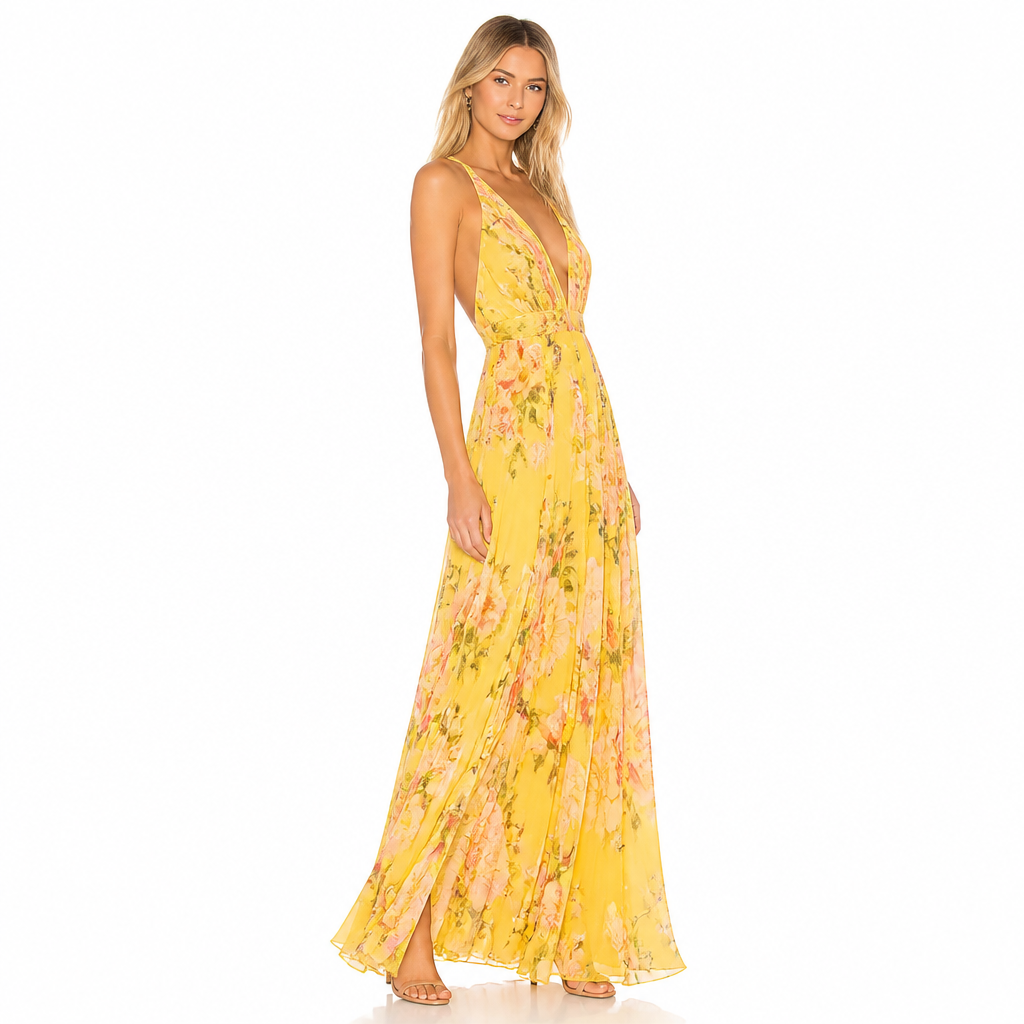 Women's yellow floral plunge V-neck maxi dress side view