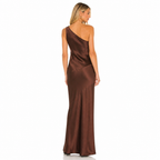 Women's brown satin one-shoulder maxi back view