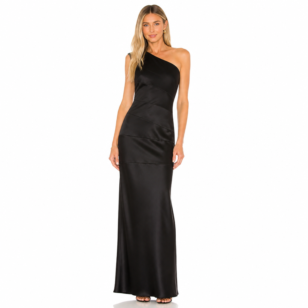 Women's black satin one-shoulder maxi front view