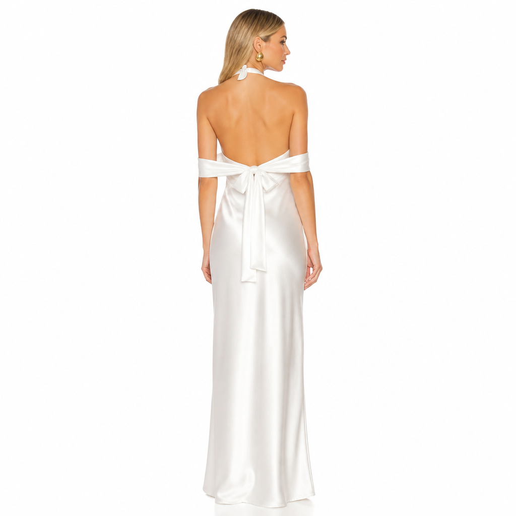 Women's white satin ribbon halter maxi back view