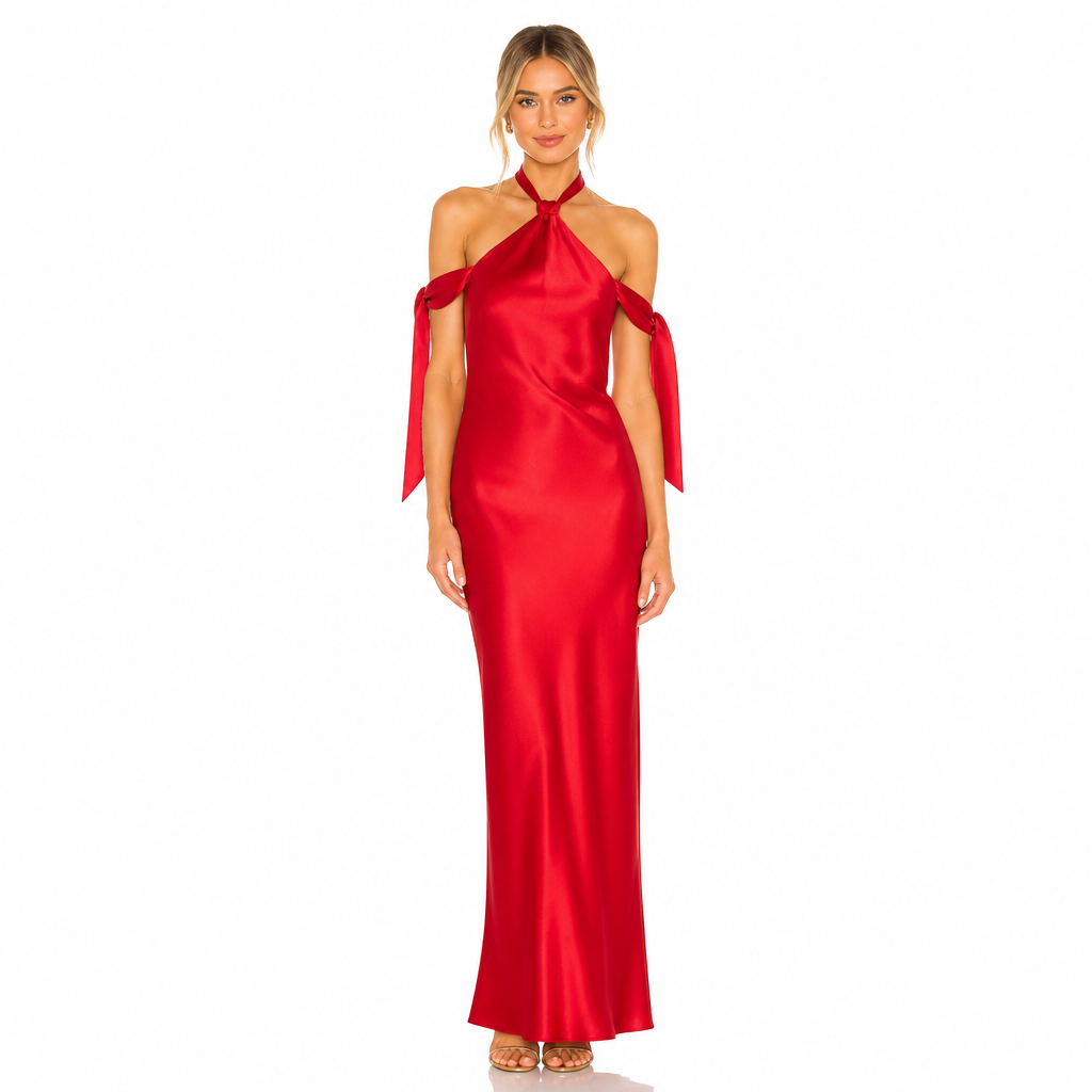 Women's red satin ribbon halter maxi front view