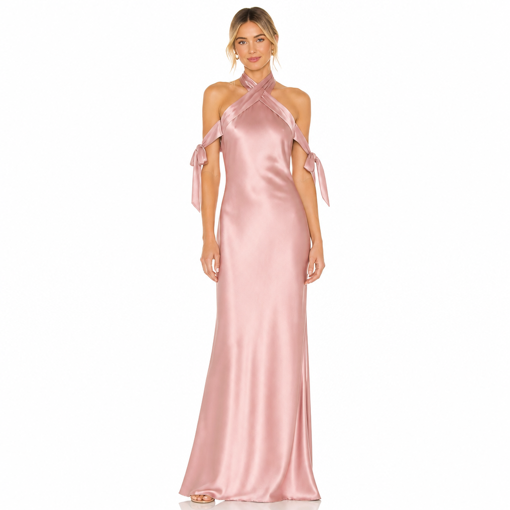 Women's pink satin ribbon halter maxi front view