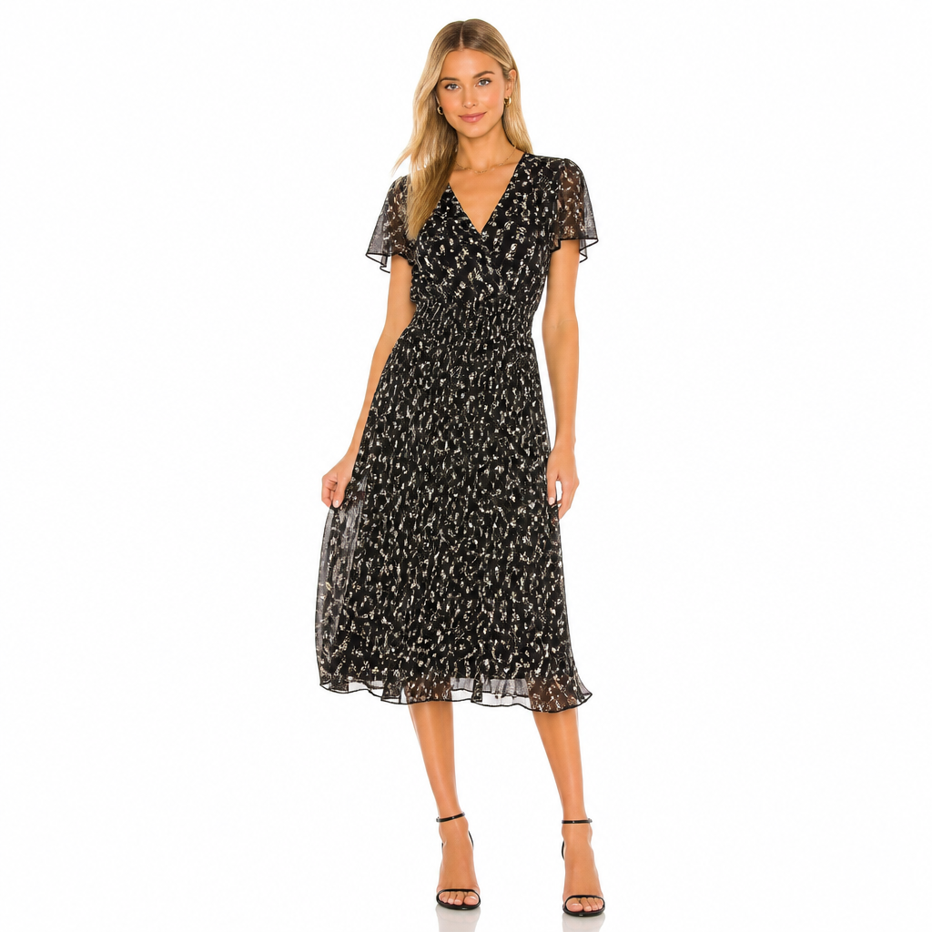 Women's black floral chiffon V-neck midi front view