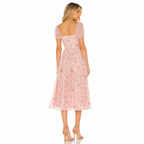 Women's pink floral chiffon square collar midi back view