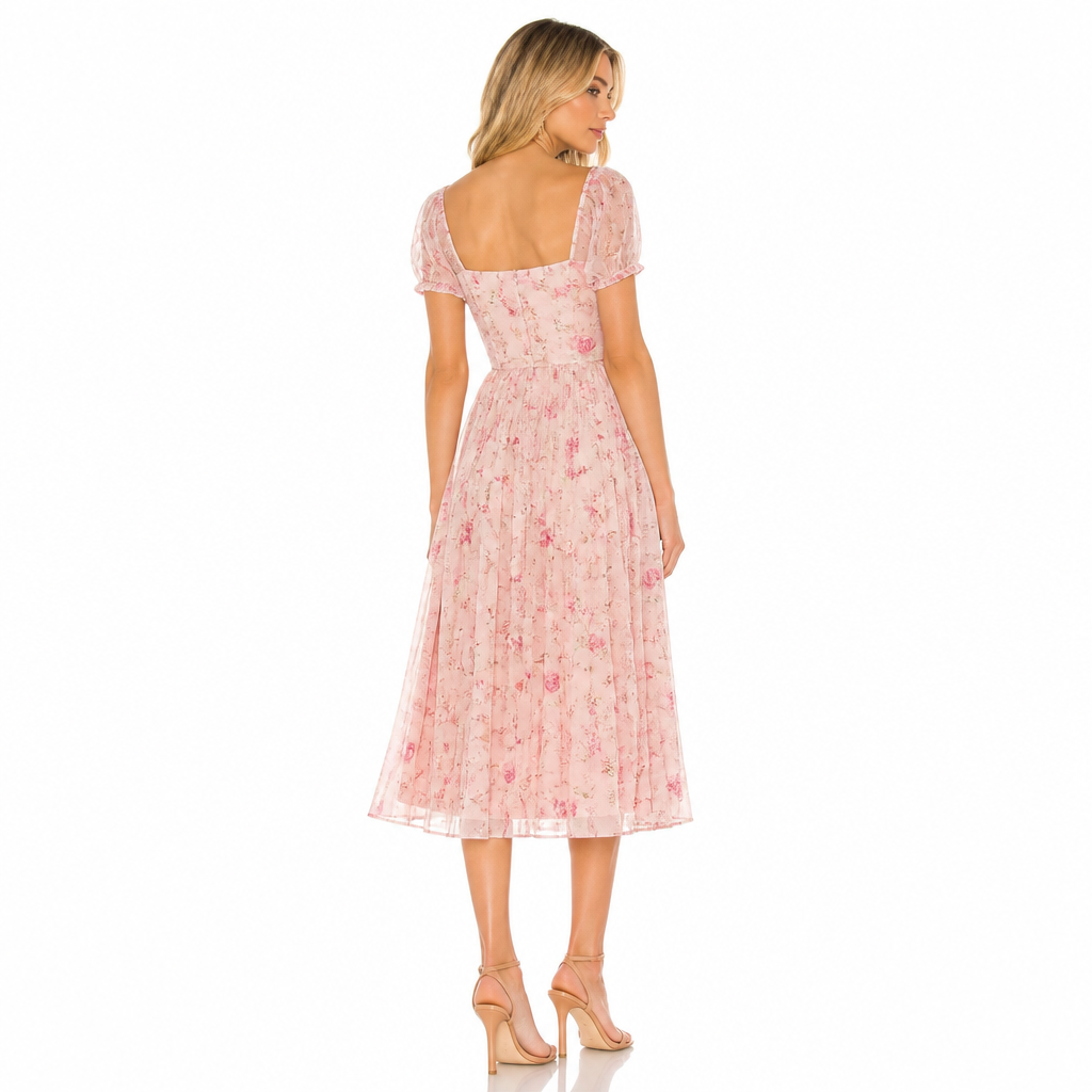 Women's pink floral chiffon square collar midi back view
