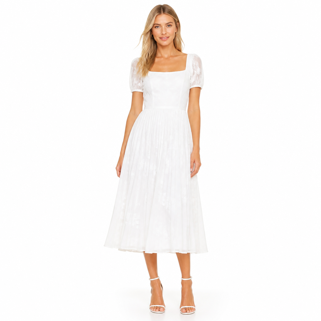 Women's white chiffon square collar midi front view