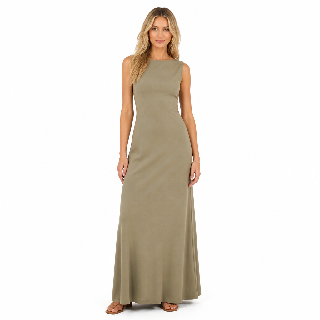 Women's khaki sleeveless long maxi dress front view