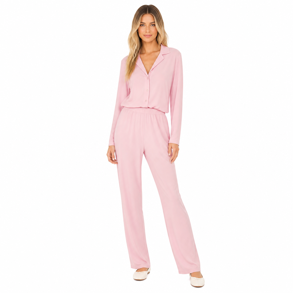 Women's pink lapel shirt-blouse and trouser two-piece set front view