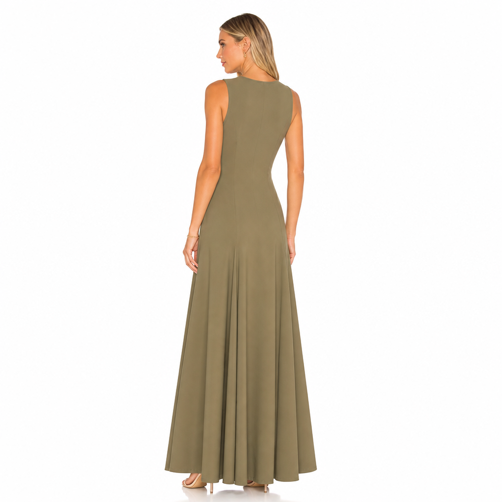 Women's khaki sleeveless long maxi dress back view