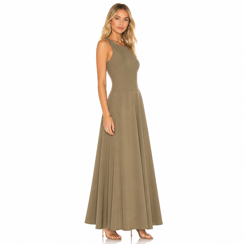 Women's khaki sleeveless long maxi dress side view