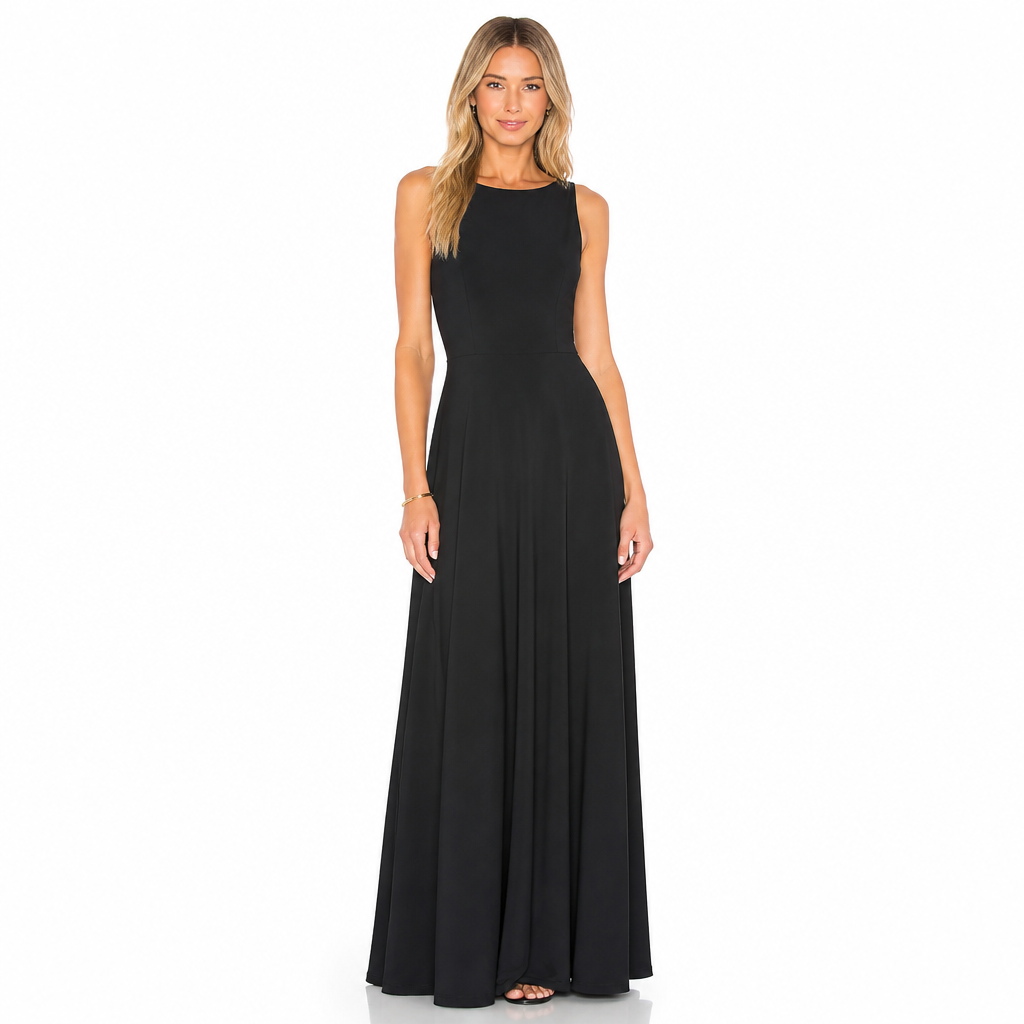 Women's black sleeveless long maxi dress front view
