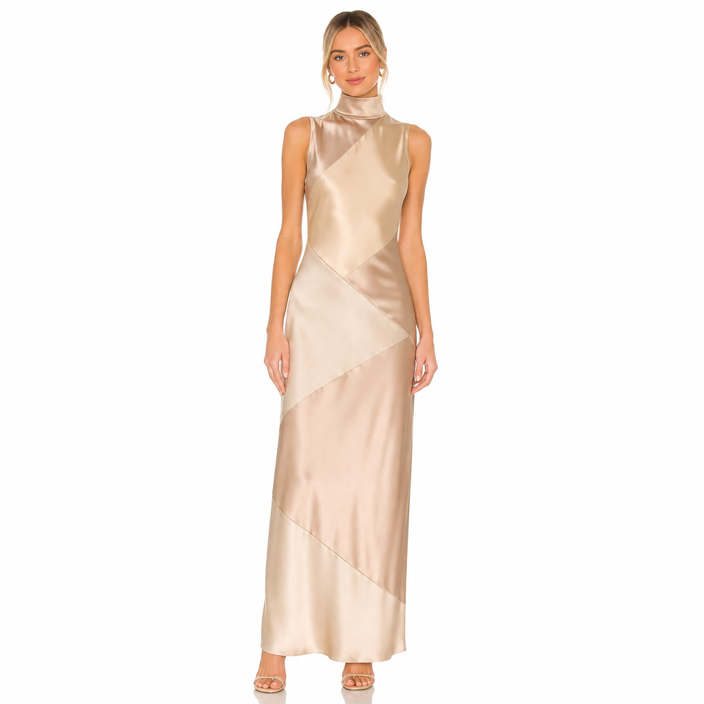 Women's beige satin turtleneck maxi front view