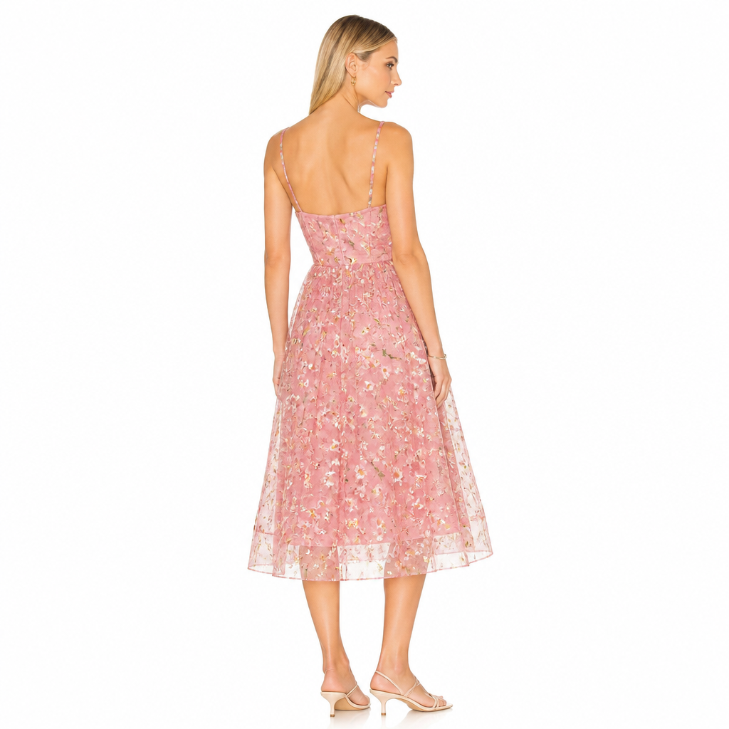 Women's pink daisy floral mesh midi back view
