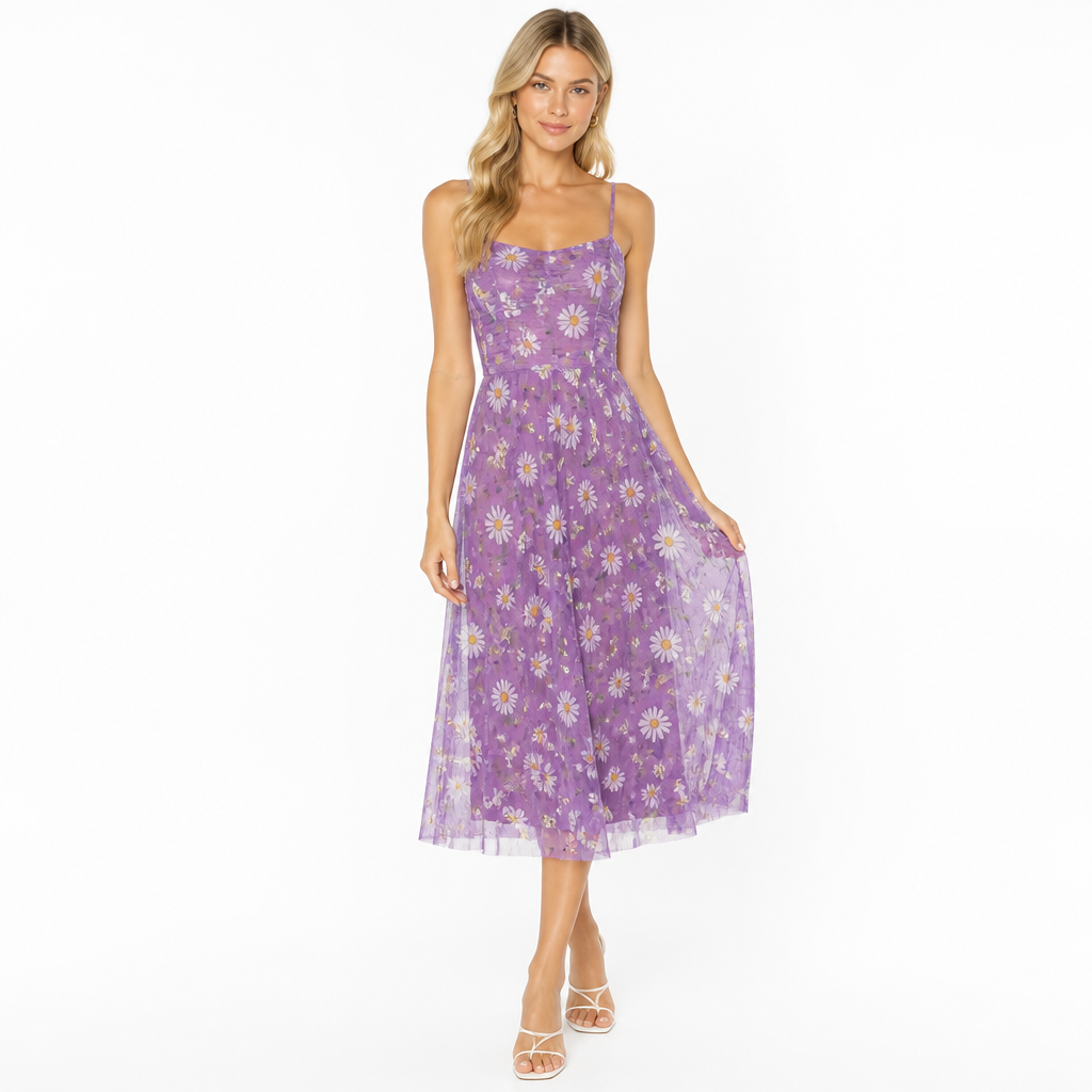 Women's purple daisy floral mesh midi front view