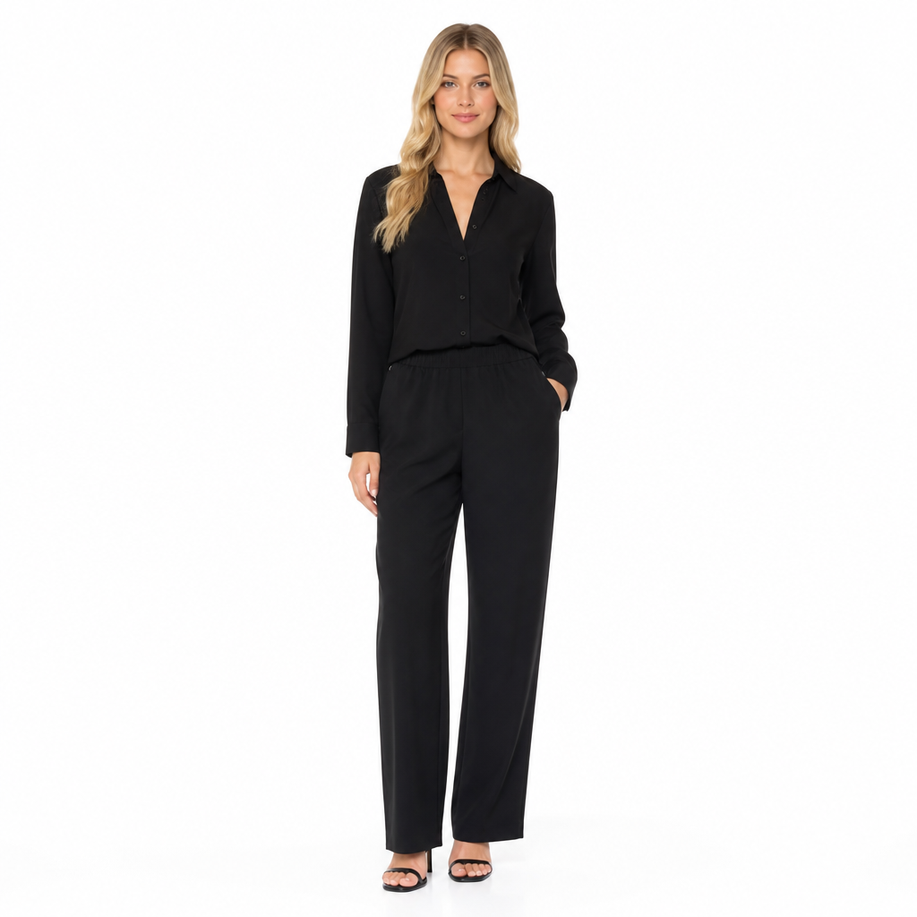 Women's black lapel shirt and trouser set front view