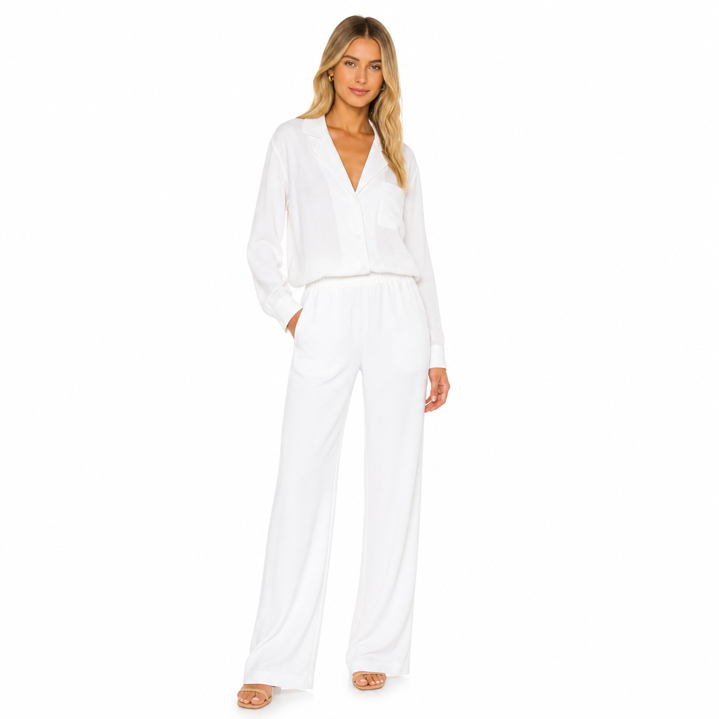Women's white lapel shirt and trouser set front view