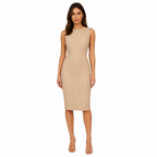 Beige pleated sleeveless bodycon midi dress front view