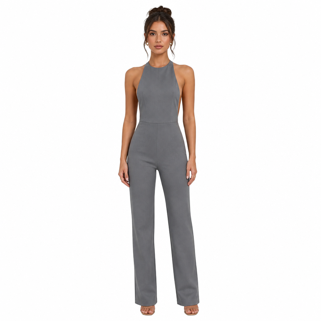 Grey halter slim-fit floor-length jumpsuit front view