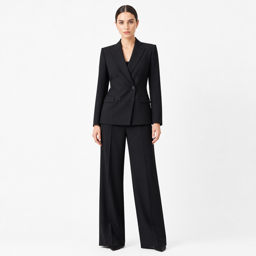 Black double-breasted blazer and wide-leg trouser two-piece set front view