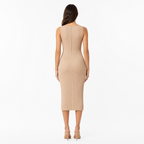 Beige pleated bodycon midi dress back view