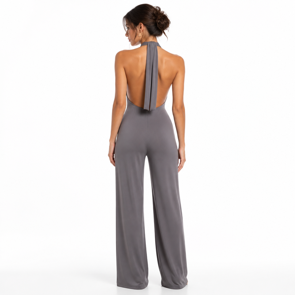 Grey halter jumpsuit back view