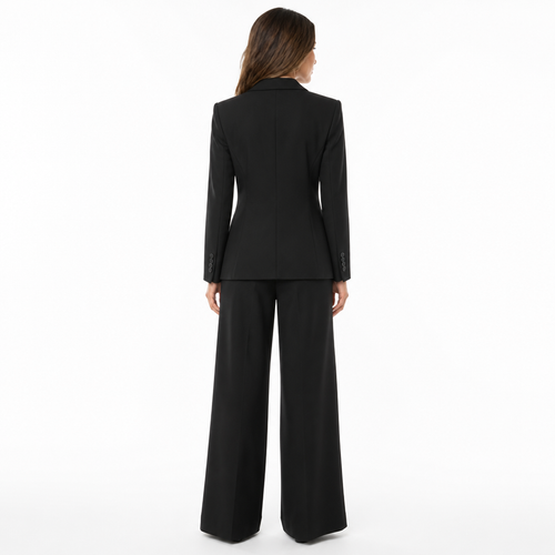 Black double-breasted blazer trouser set back view
