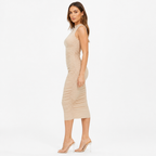 Beige pleated bodycon midi dress side view