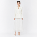 White French-style double-breasted blazer and mesh A-line long dress two-piece set front view