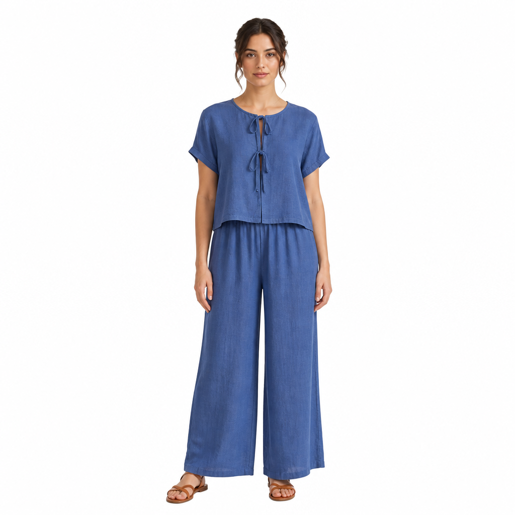 Blue cotton linen half-sleeve top and wide-leg trouser two-piece set front view