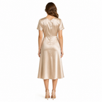 Champagne satin V-neck midi dress back view