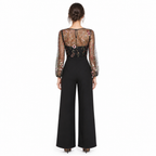 Black embroidered sheer-top wide-leg jumpsuit back view