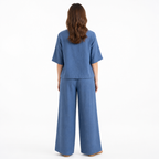 Blue cotton linen half-sleeve top and trouser set back view