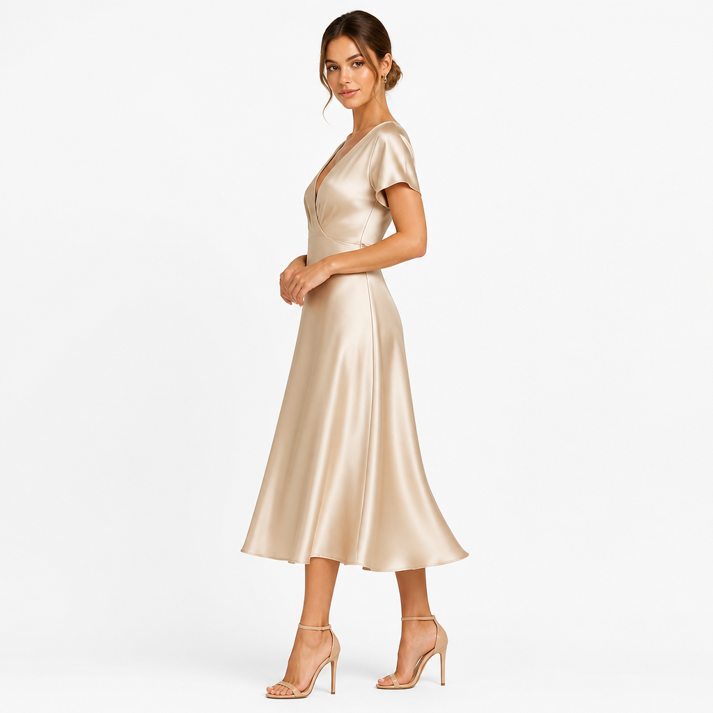 Champagne satin V-neck midi dress side view