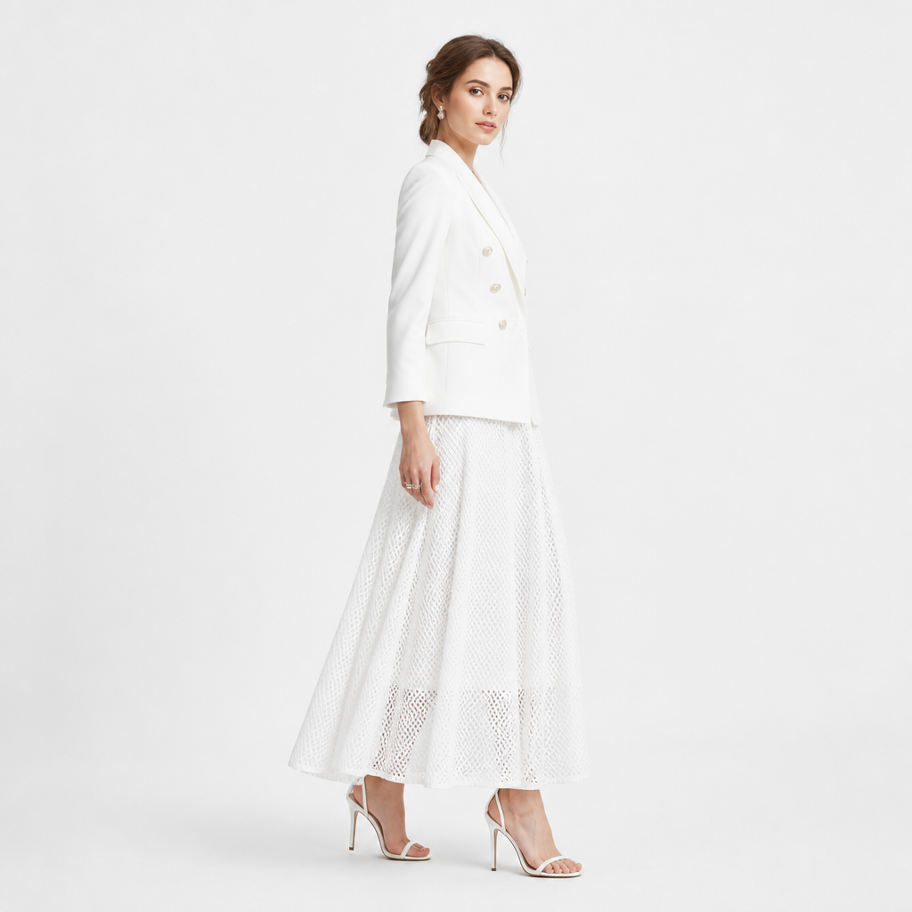 White French-style blazer and mesh dress set side view