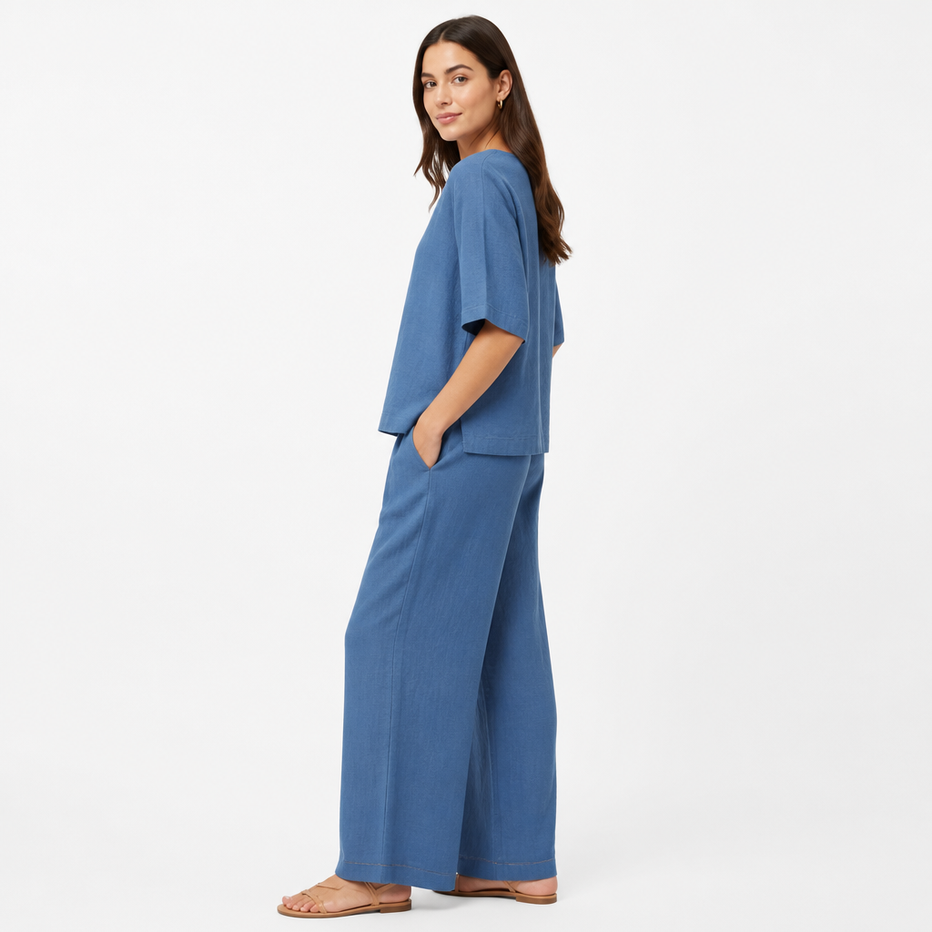 Blue cotton linen half-sleeve top and trouser set side view