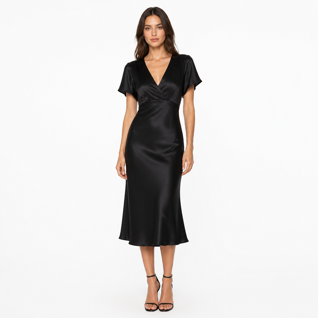 Black satin V-neck midi dress front view