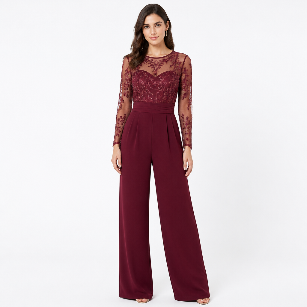 Burgundy embroidered sheer-top wide-leg jumpsuit front view