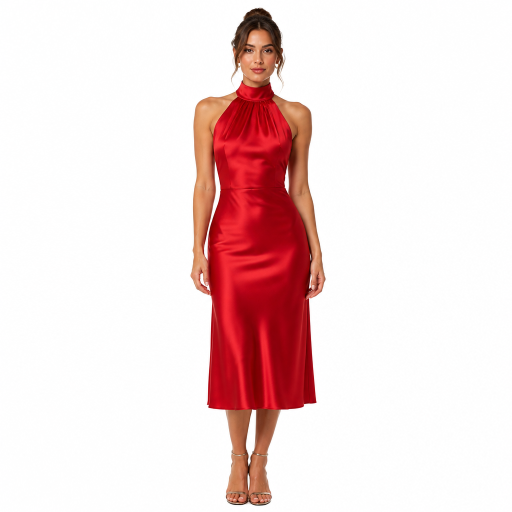 Red satin halter neck sleeveless midi dress front view