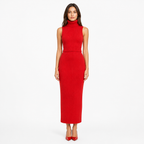 Red knitted turtleneck vest and high-waist skirt two-piece set front view